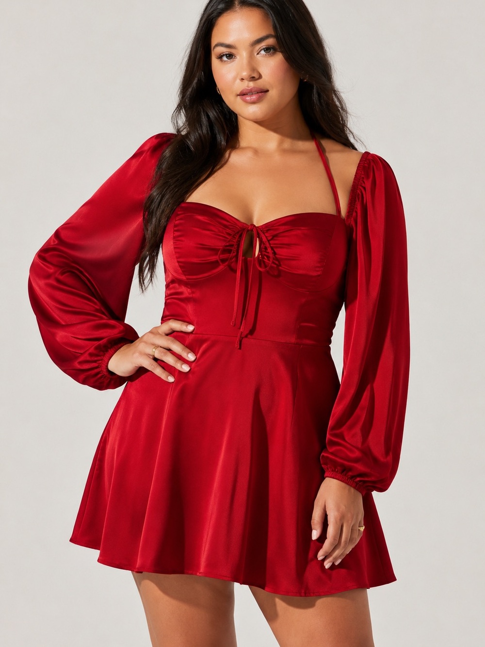 ASTR‎ the Label Vivian Dress Deep Red Satin Halter Mini Dress Puff Sleeve Size L